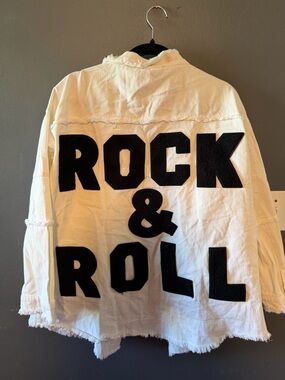 Cream Oversized Jacket with Bold Black 'ROCK & ROLL' Appliqué